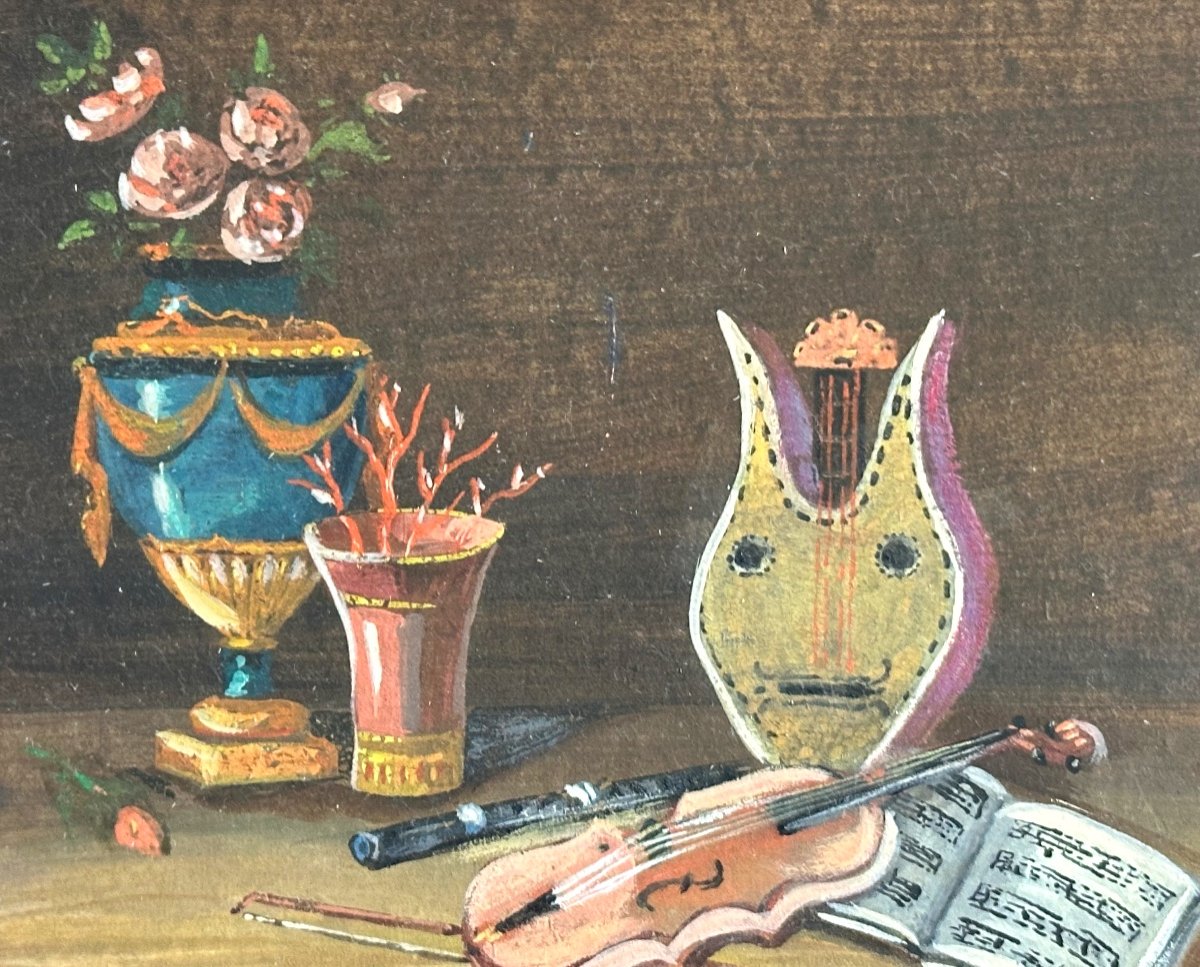 Johann Rudolf FEYERABEND dit LELONG 1779-1814 Nature morte aux instruments de musique Gouache 1-photo-3