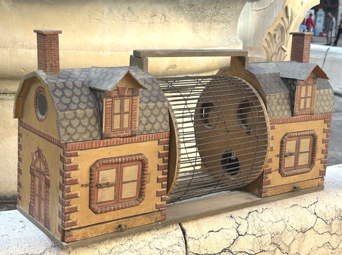 RARE cage à écureuils hamster loir Curiosité fin XIXe tourniquet entre 2 maisons Très bon état 