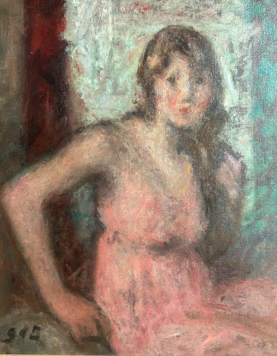 Georges D’ESPAGNAT 1870-1950 Huile Jeune femme à la robe rose vers 1930-photo-2