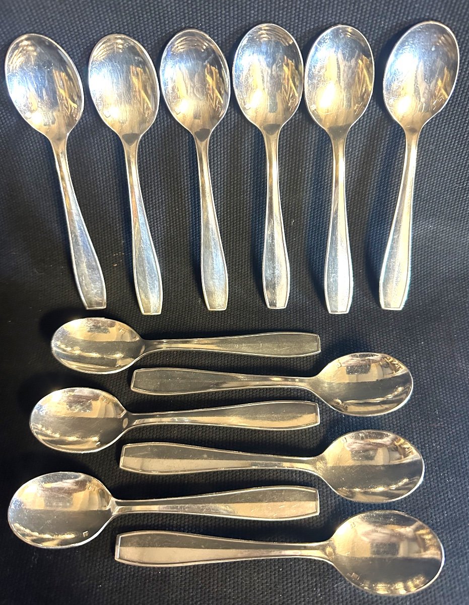 Christofle Atlas Model By Luc Lanel 12 Art Deco Tea Coffee Dessert Spoons For Normandy 2-photo-2