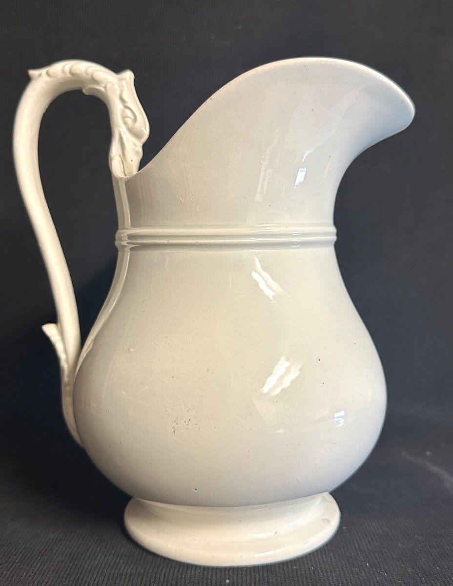 19th Century White Pitcher Creil Montereau Attributed In Opaque Earthenware -photo-3