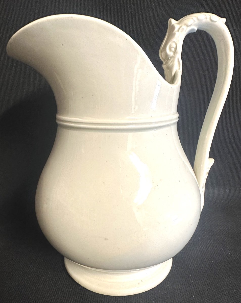 19th Century White Pitcher Creil Montereau Attributed In Opaque Earthenware 