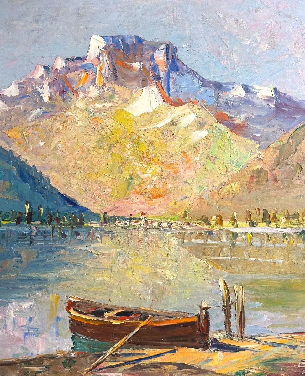 Carl Sim 20th Large Oil Swiss Lake And Snowy Mountain Alps