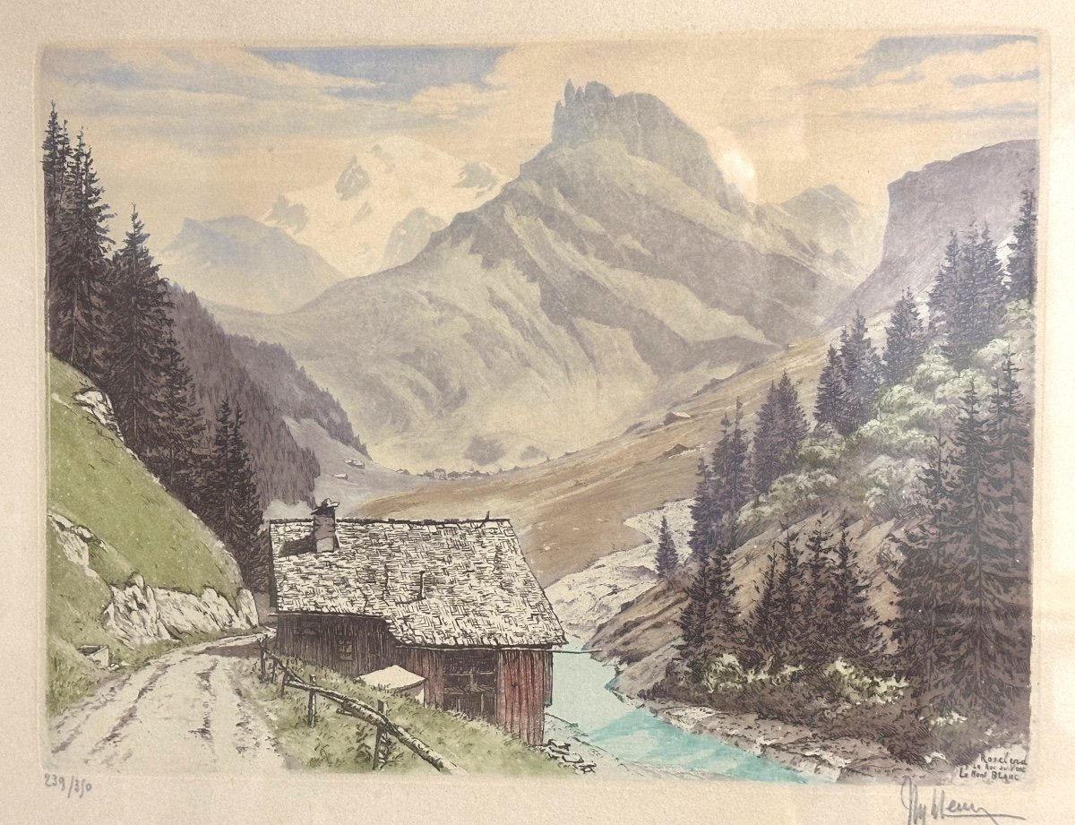 Joanny Drevet 1889-1969 Le Mont Blanc Roselend Roc Du Vent Aquatinte Signée Alpes Montagne 