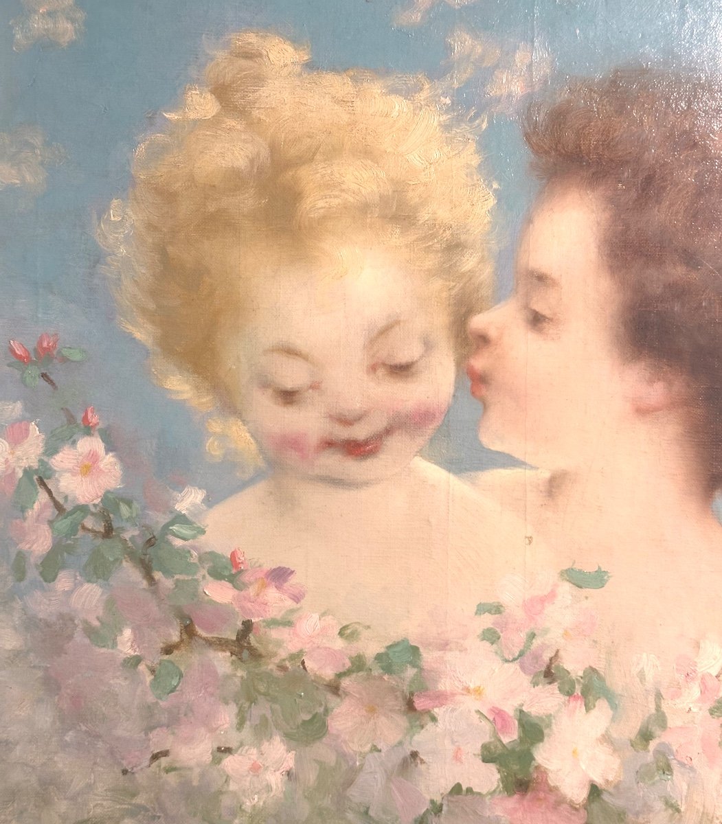 Philippe LATTARD XIXe Grande huile Deux Amours 1897 ange -photo-4