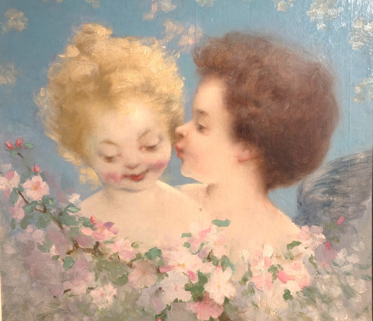 Philippe LATTARD XIXe Grande huile Deux Amours 1897 ange 