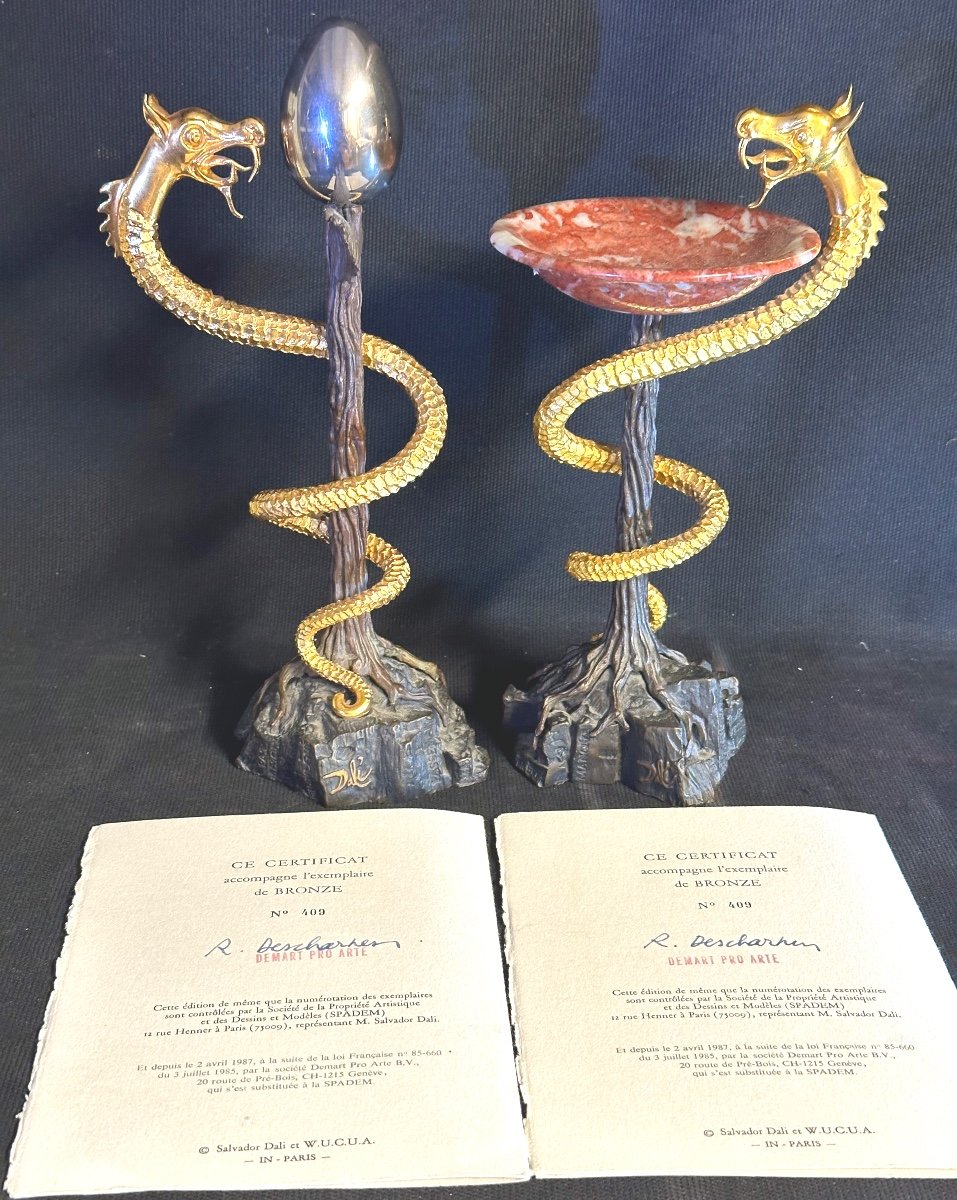 Salvador DALI 1904-1989 Sculptures Caducée 1 et 2 Bronze doré et argent Certificats Hippocrate-photo-2