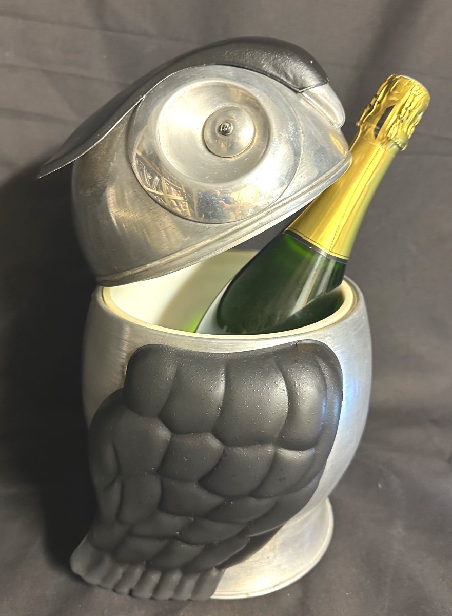 Curious Owl Champagne Bucket And Ice Cubes 1970 In Isothermal Aluminum Italy 