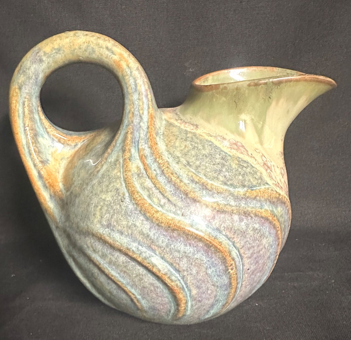 Denbac Pitcher In Art Nouveau Glazed Flamed Stoneware Signed Very Good Condition -photo-2