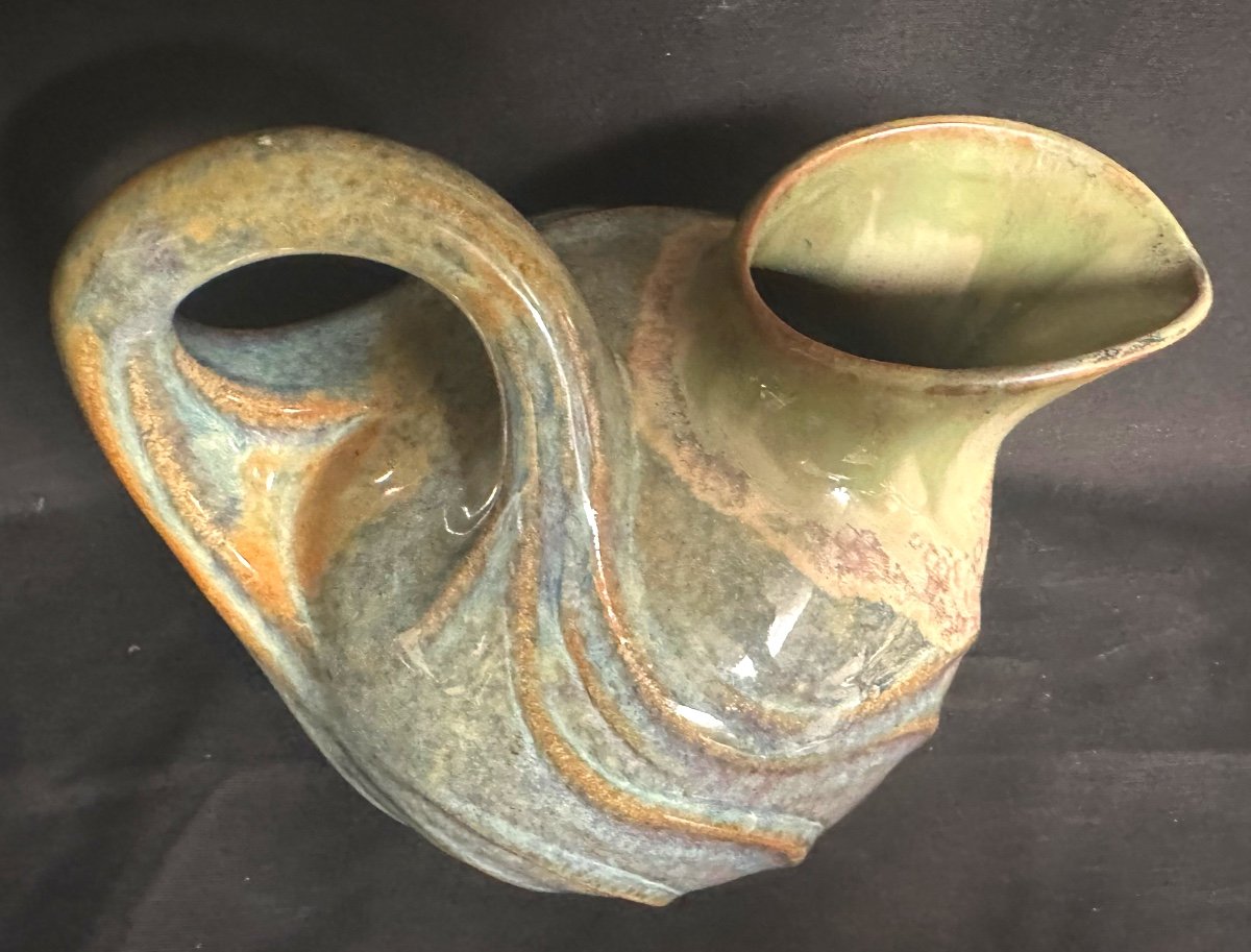 Denbac Pitcher In Art Nouveau Glazed Flamed Stoneware Signed Very Good Condition -photo-1