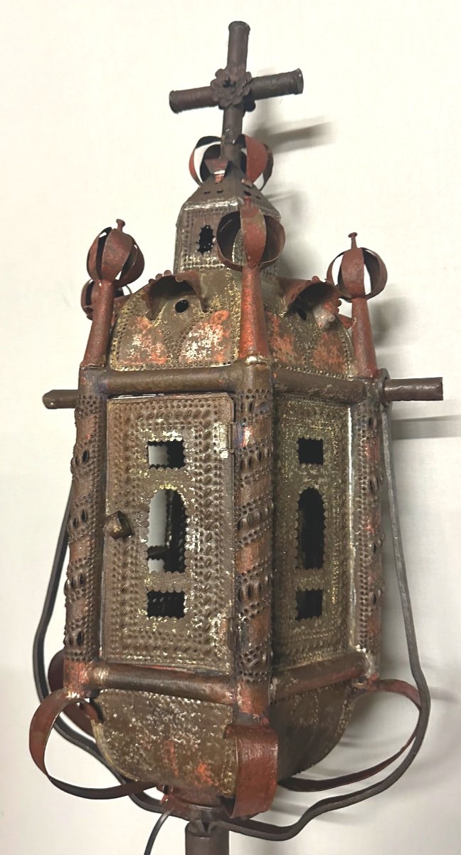 19th Century Venetian Lantern In Polychrome Sheet Metal Complete And Electrified For Procession 220cm-photo-3