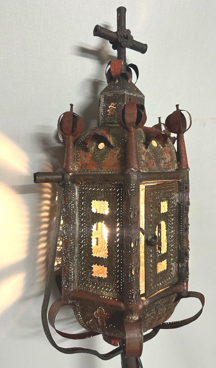 19th Century Venetian Lantern In Polychrome Sheet Metal Complete And Electrified For Procession 220cm-photo-4