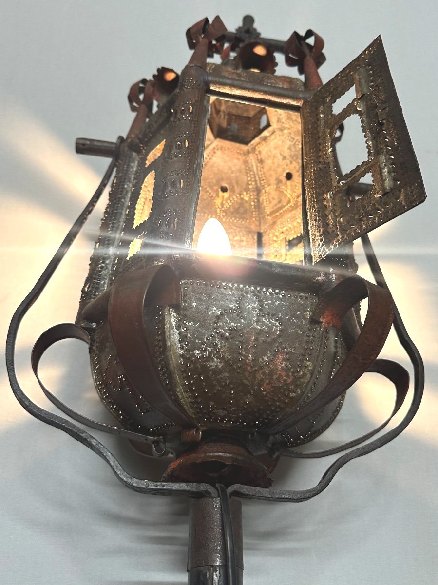 19th Century Venetian Lantern In Polychrome Sheet Metal Complete And Electrified For Procession 220cm-photo-3