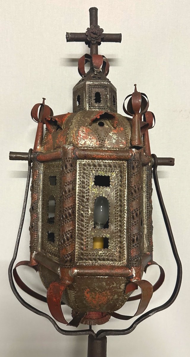 19th Century Venetian Lantern In Polychrome Sheet Metal Complete And Electrified For Procession 220cm-photo-5