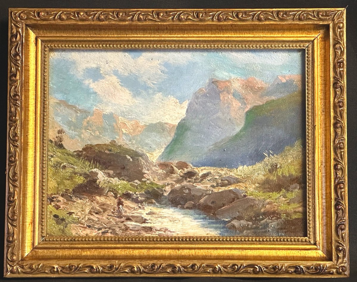 émile Godchaux 1860-1938 Oil Animated Landscape With Mountain Torrent Alps Signed-photo-2