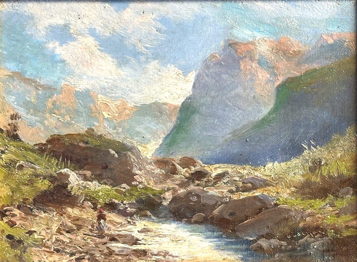 émile Godchaux 1860-1938 Oil Animated Landscape With Mountain Torrent Alps Signed