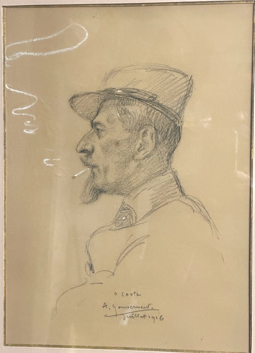 Arthur GOUVERNEUR 1852- Portrait de Militaire 1916 fusain pastel signé militaria Musée Senlis