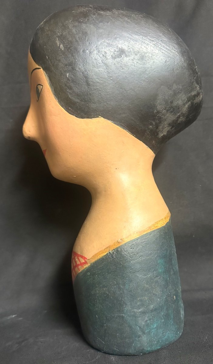 Rare Marotte 19th Century In Polychrome Paper Mache Head Of Milliner Hat Headdress-photo-2