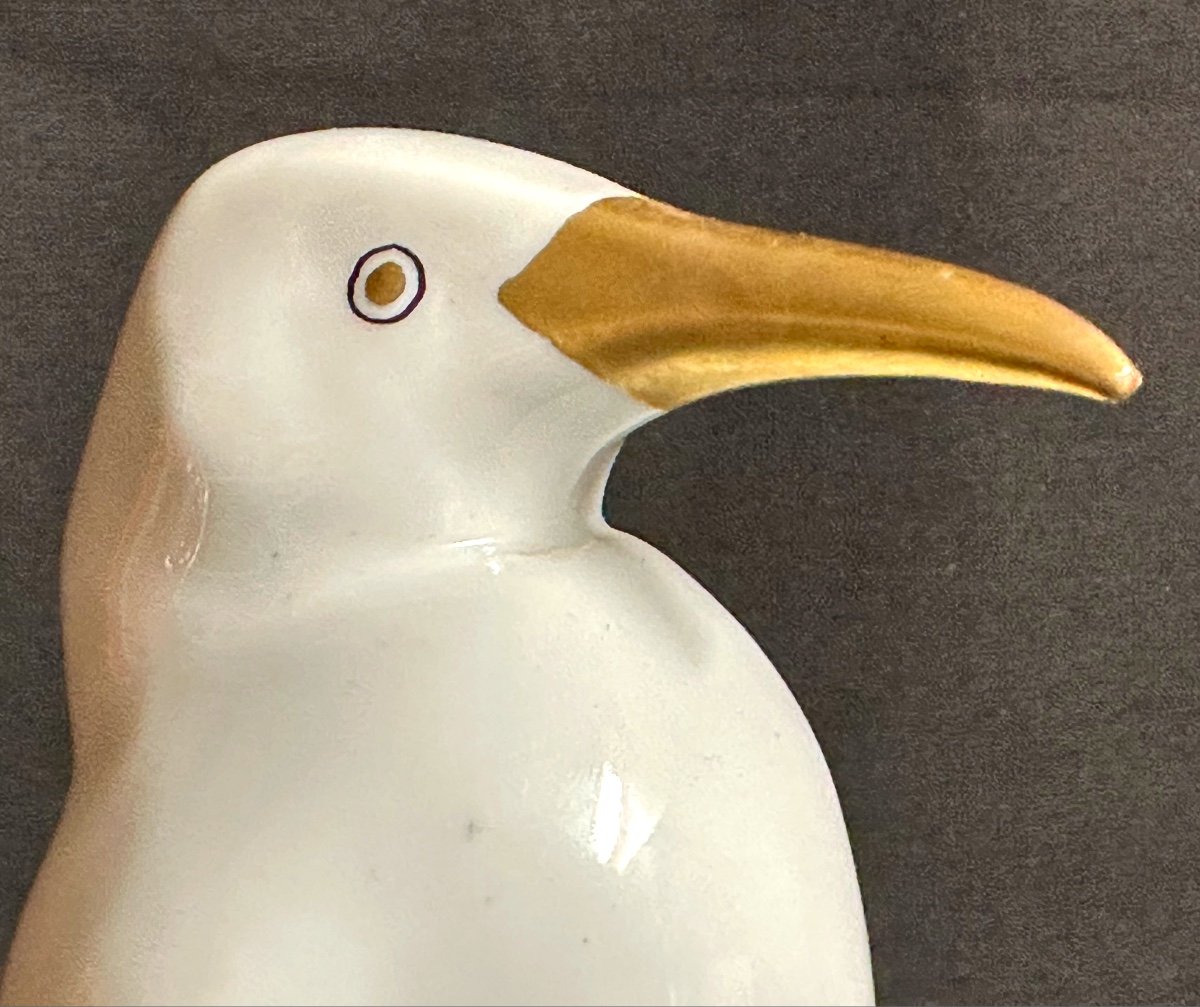 Antique Art Deco White And Gold Porcelain Penguin Signed Hollohaza Manufacture /1-photo-3