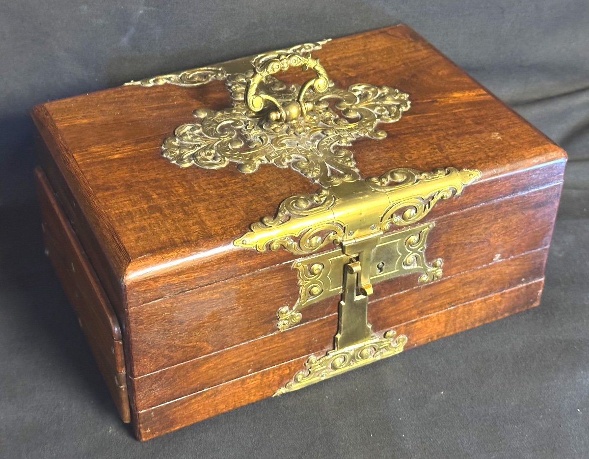 19th Century Cigars Cellar Folding Box With Ashtray Matchbox Scissors Mahogany Bronze-photo-2