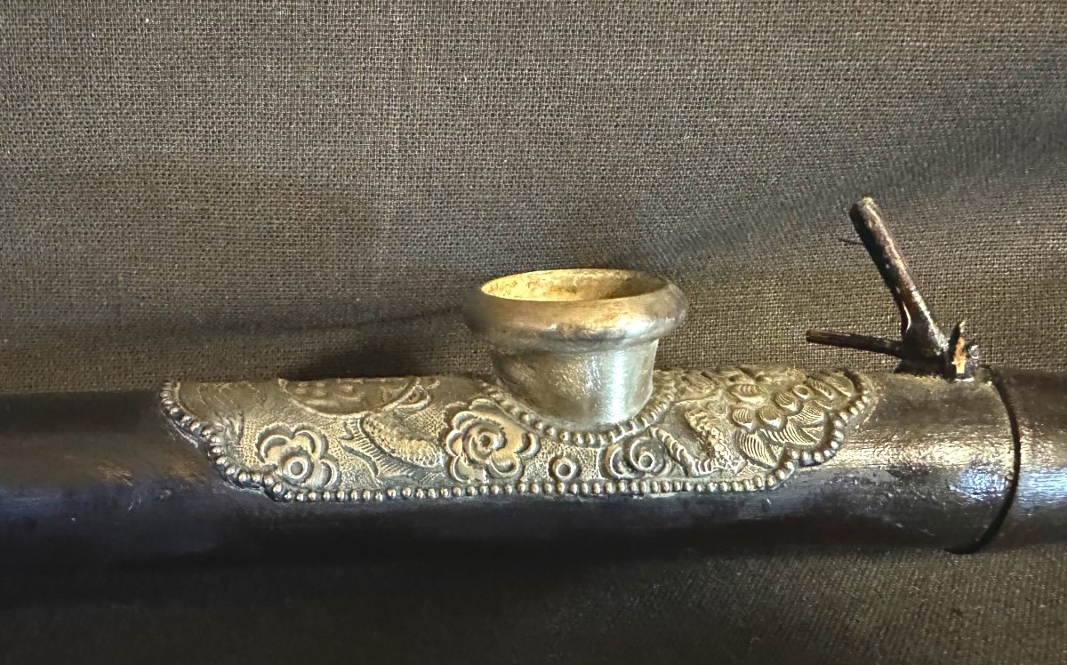 China 19th Century Opium Pipe In Lacquered Bamboo Silver And Ivory Indochina Asian Art-photo-2