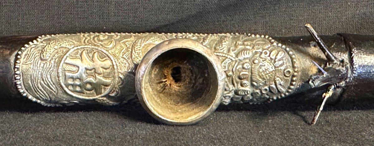 China 19th Century Opium Pipe In Lacquered Bamboo Silver And Ivory Indochina Asian Art-photo-3