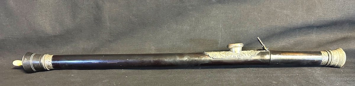 China 19th Century Opium Pipe In Lacquered Bamboo Silver And Ivory Indochina Asian Art