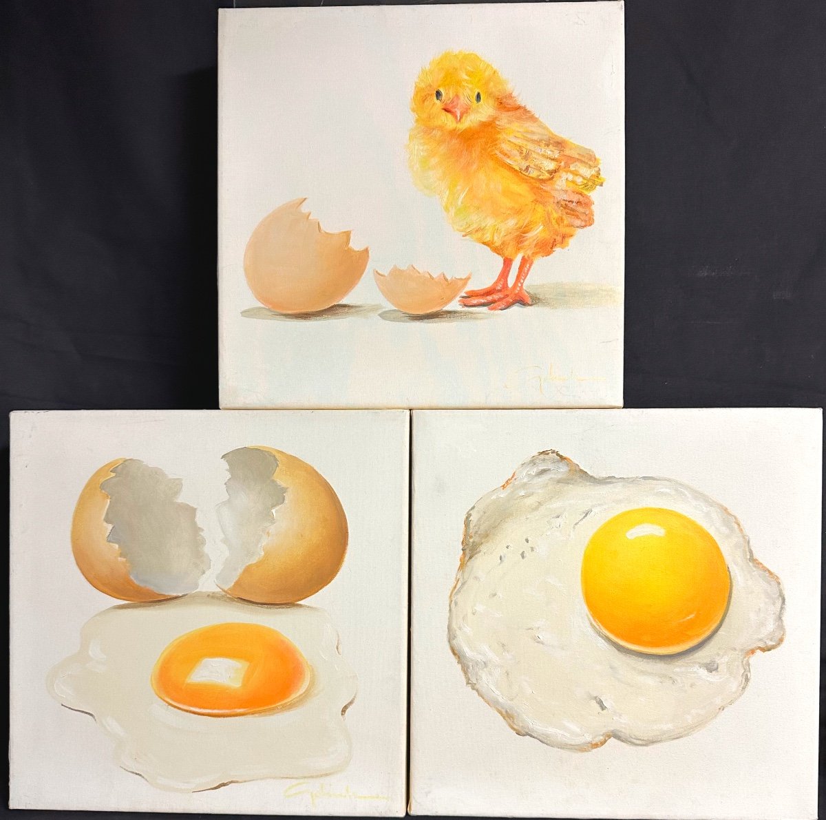 Gabriele Golinelli 1941 Suite Of 3 Signed Oils Egg Chicken Provenance Sirmionte Gallery