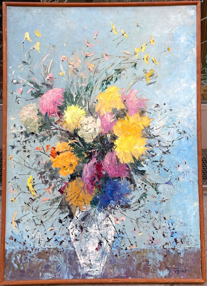 Paulette Genet 1892-1983 Large Oil Flowers Exhibition Lyon Society Of Fine Arts Lyon