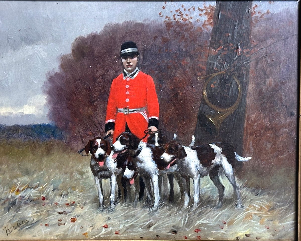 Huile XIXe Chasse à courre signée ? Veneur valet de limier piqueur et meute de chiens TBE-photo-4