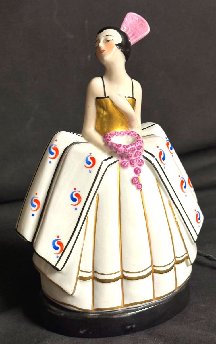 Art Deco Porcelain Night Light Lamp Incense Burner Young Woman In Evening Dress-photo-2