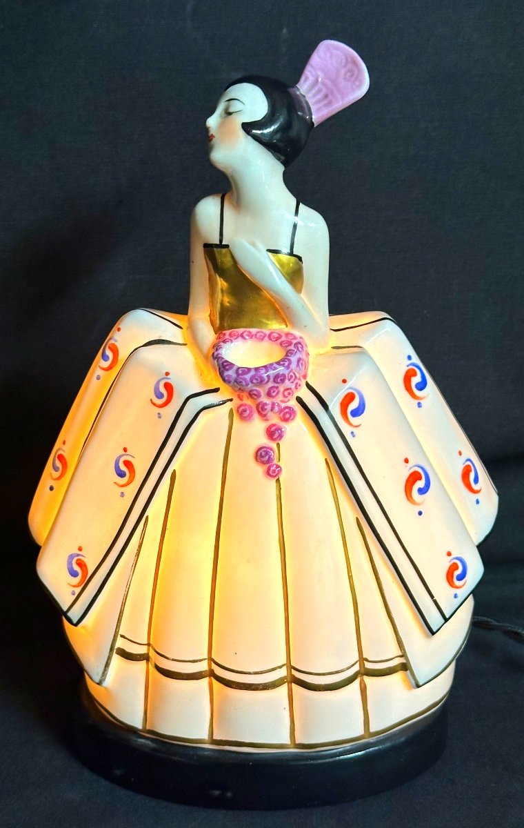 Art Deco Porcelain Night Light Lamp Incense Burner Young Woman In Evening Dress