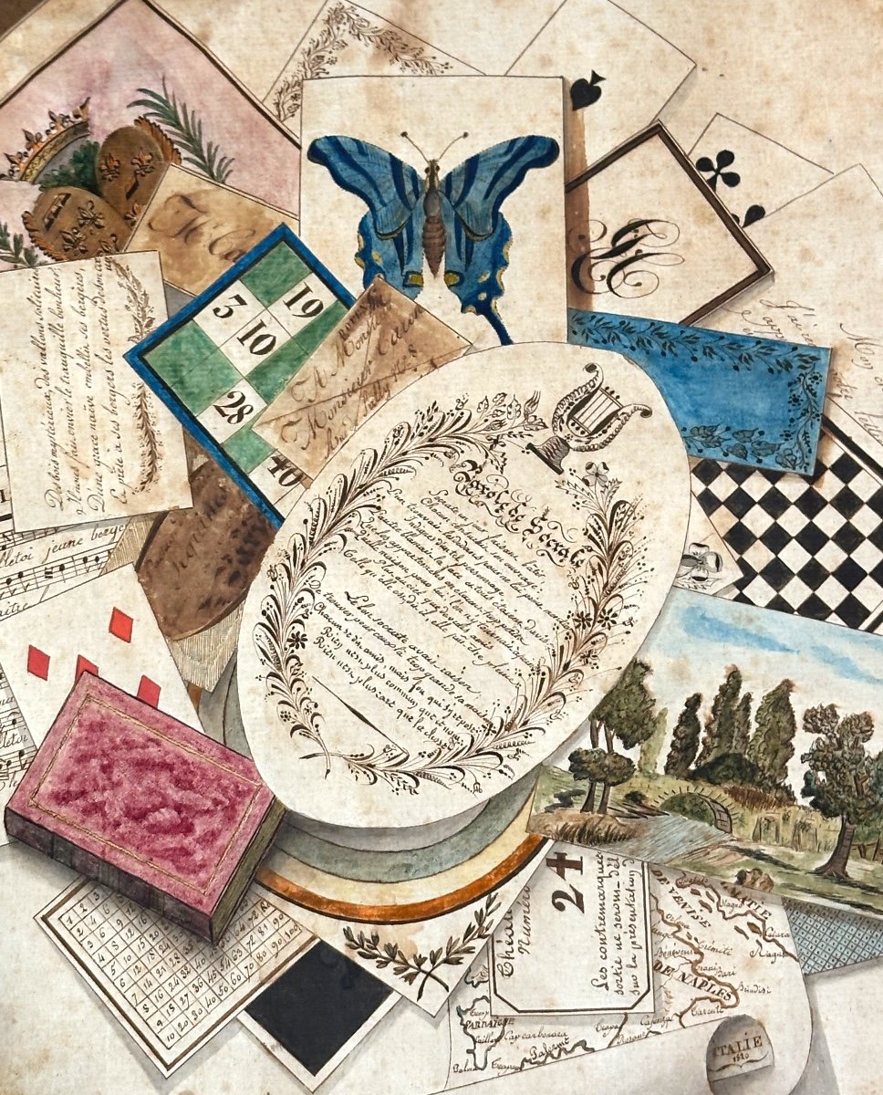 Aquarelle Trompe-l’œil 1823 Jeux cartes lettres damier et blason Fils Enfant de France Royauté -photo-3