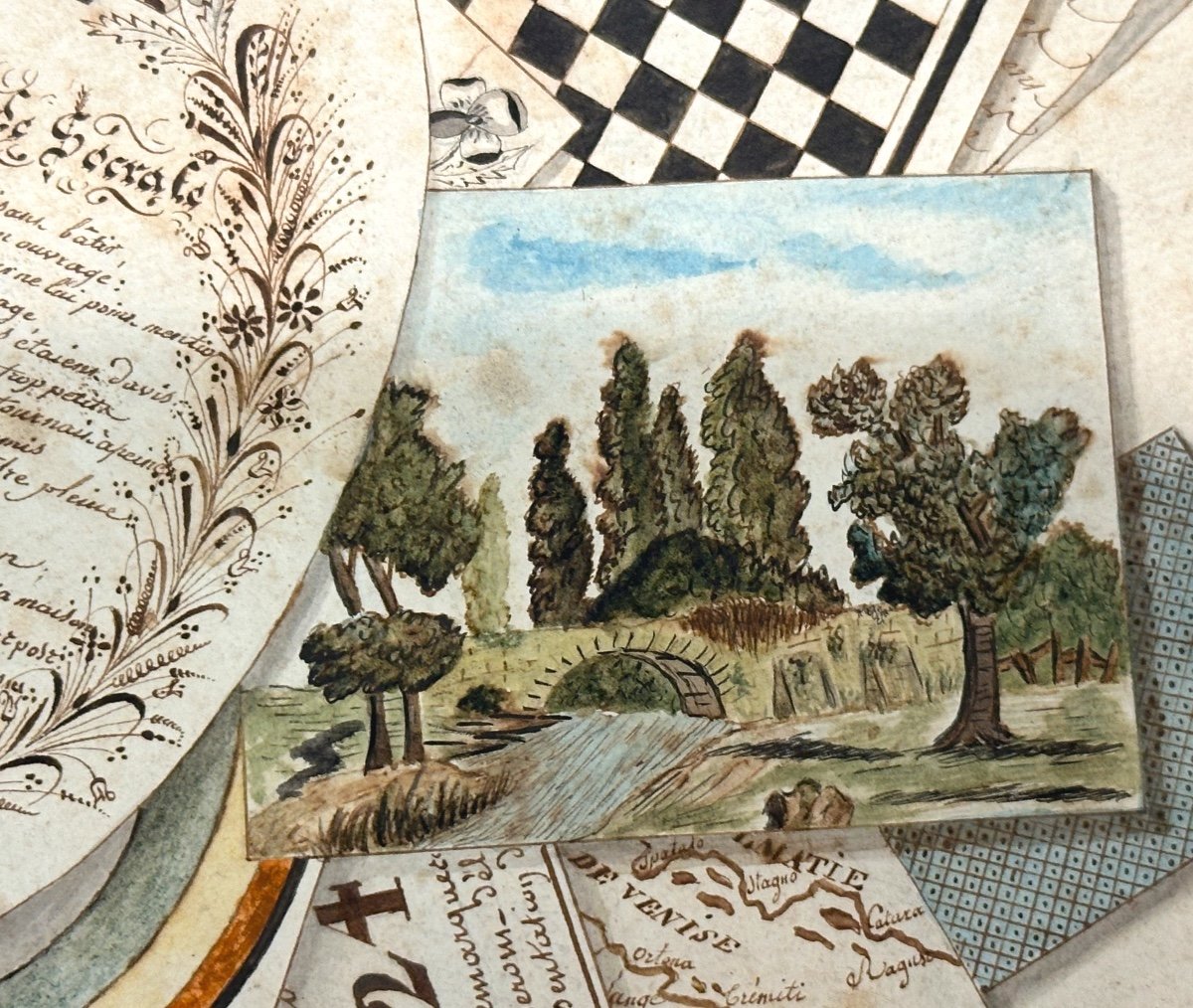 Aquarelle Trompe-l’œil 1823 Jeux cartes lettres damier et blason Fils Enfant de France Royauté -photo-2