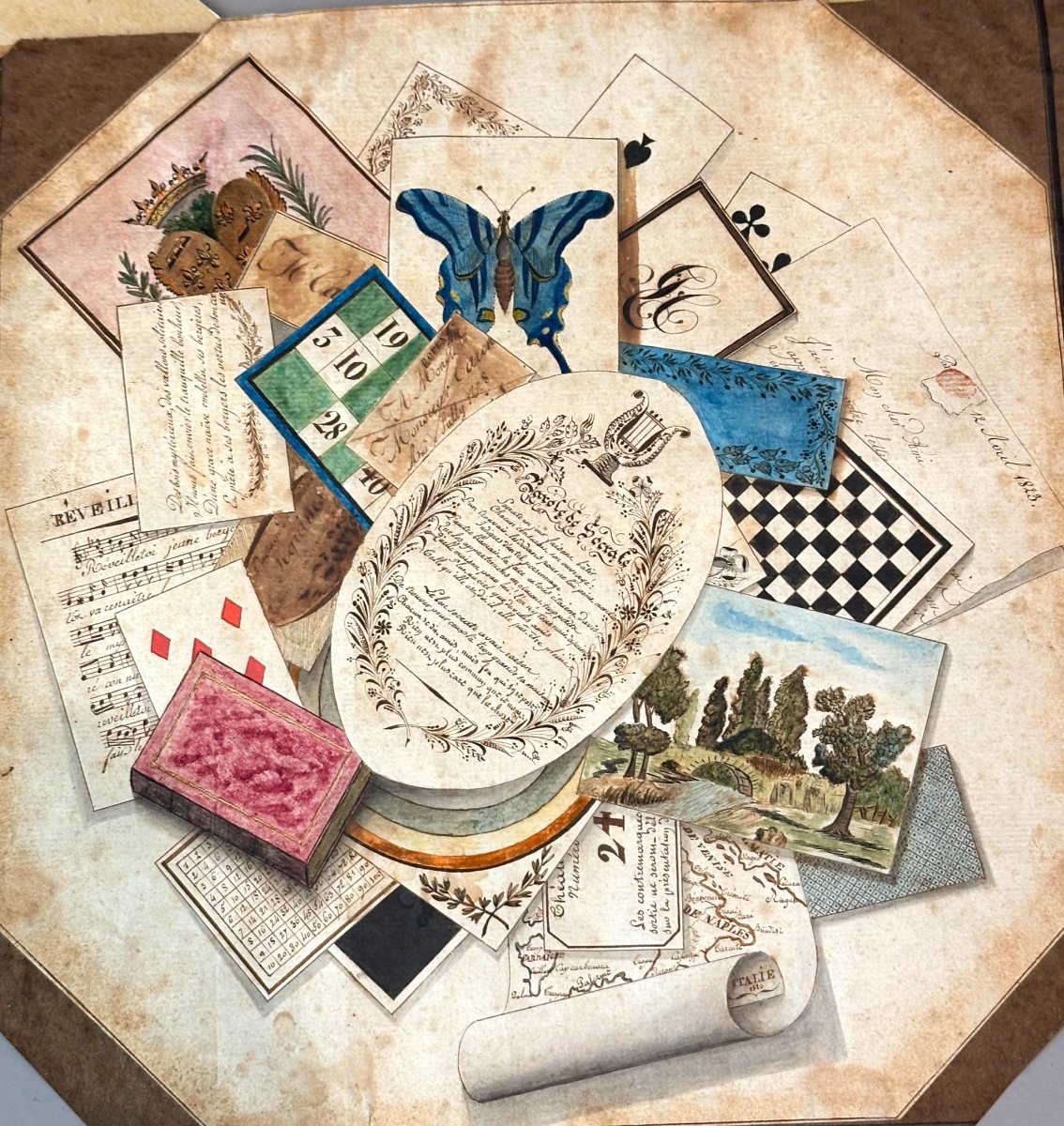 Aquarelle Trompe-l’œil 1823 Jeux cartes lettres damier et blason Fils Enfant de France Royauté 