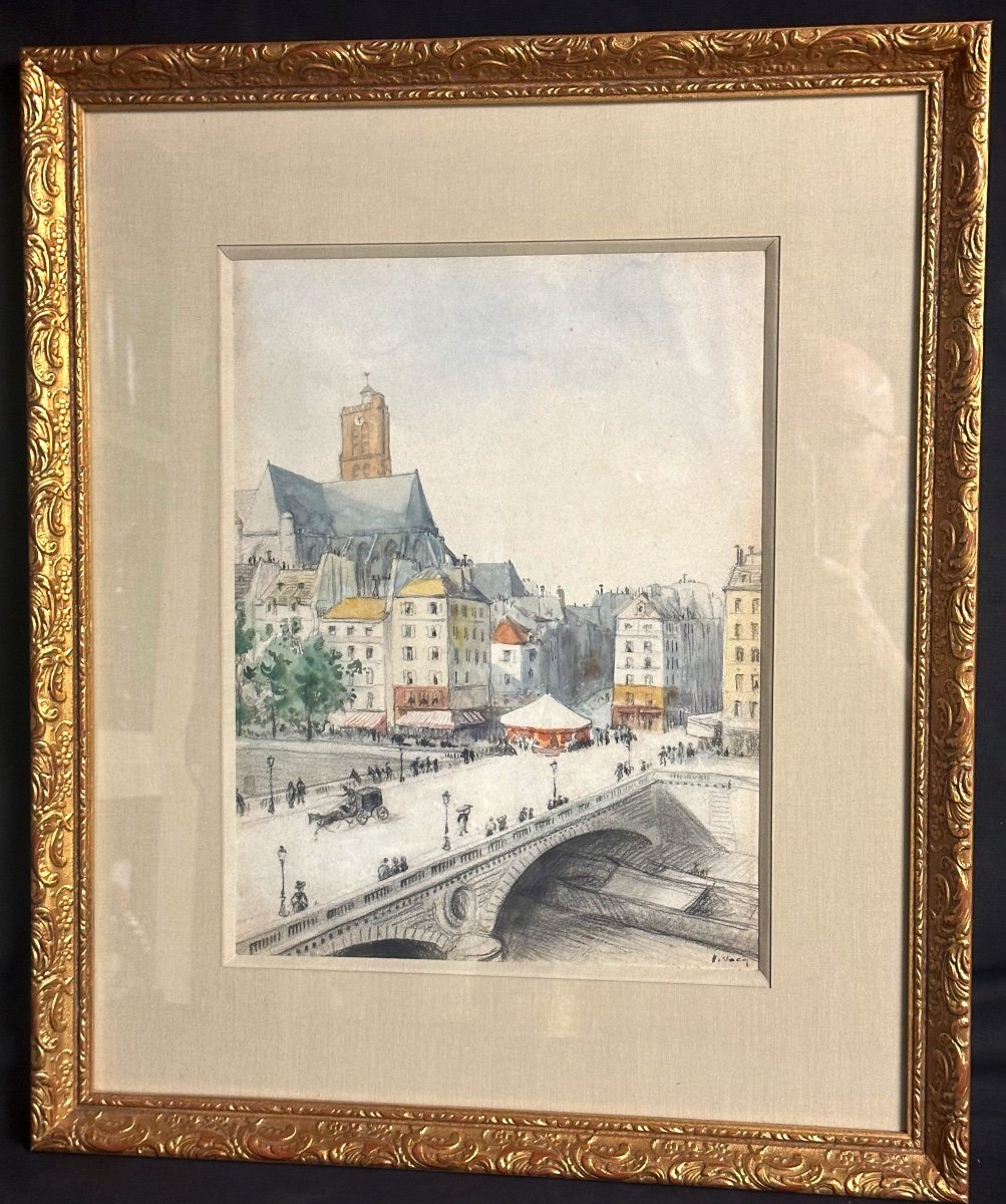 Henri Nocq 1868-1944 Pastel And Watercolor Pont Louis Philippe Church St Gervais Protais Paris-photo-2