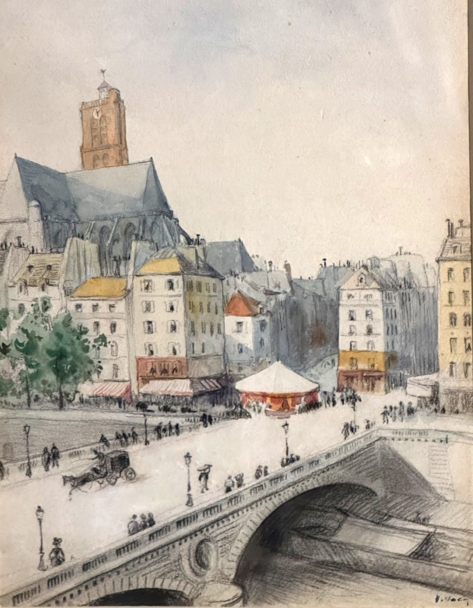 Henri Nocq 1868-1944 Pastel And Watercolor Pont Louis Philippe Church St Gervais Protais Paris-photo-4