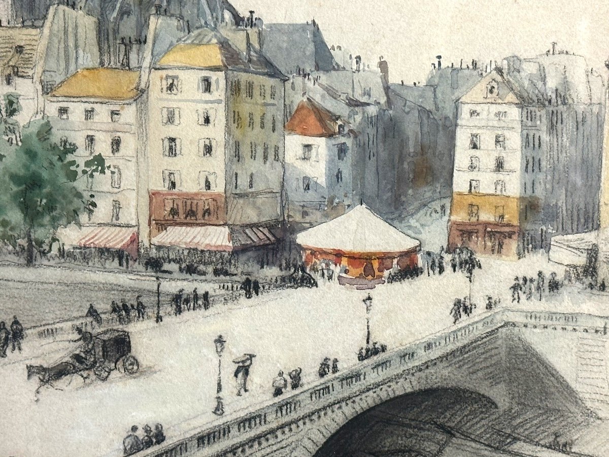 Henri Nocq 1868-1944 Pastel And Watercolor Pont Louis Philippe Church St Gervais Protais Paris-photo-1