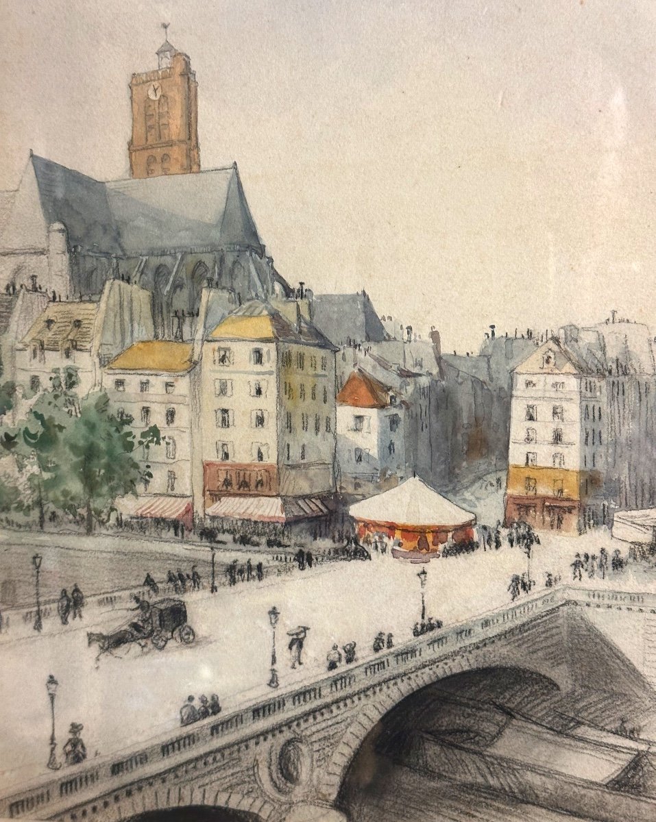 Henri Nocq 1868-1944 Pastel And Watercolor Pont Louis Philippe Church St Gervais Protais Paris