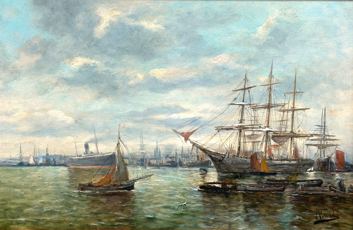 Jan Vervat Holland Large Oil Marine Port With Sailboats -photo-2