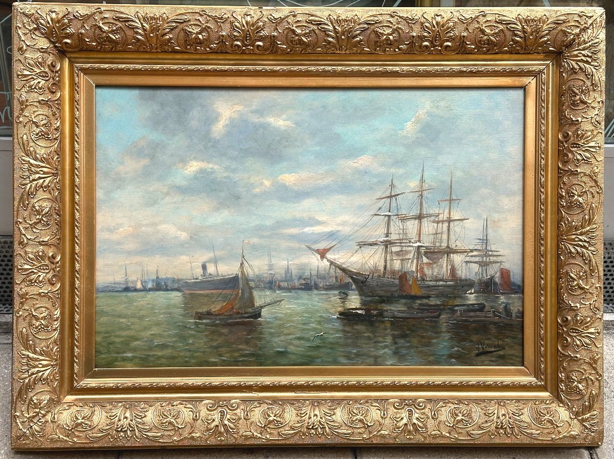 Jan Vervat Holland Large Oil Marine Port With Sailboats 