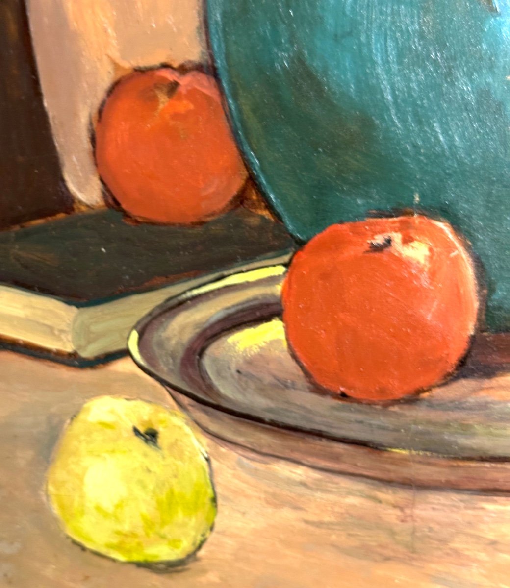 Amédée BOUCHER 1889-1960 Huile composition de 1940 aux pommes et pot bleu Art Deco Referencé-photo-4