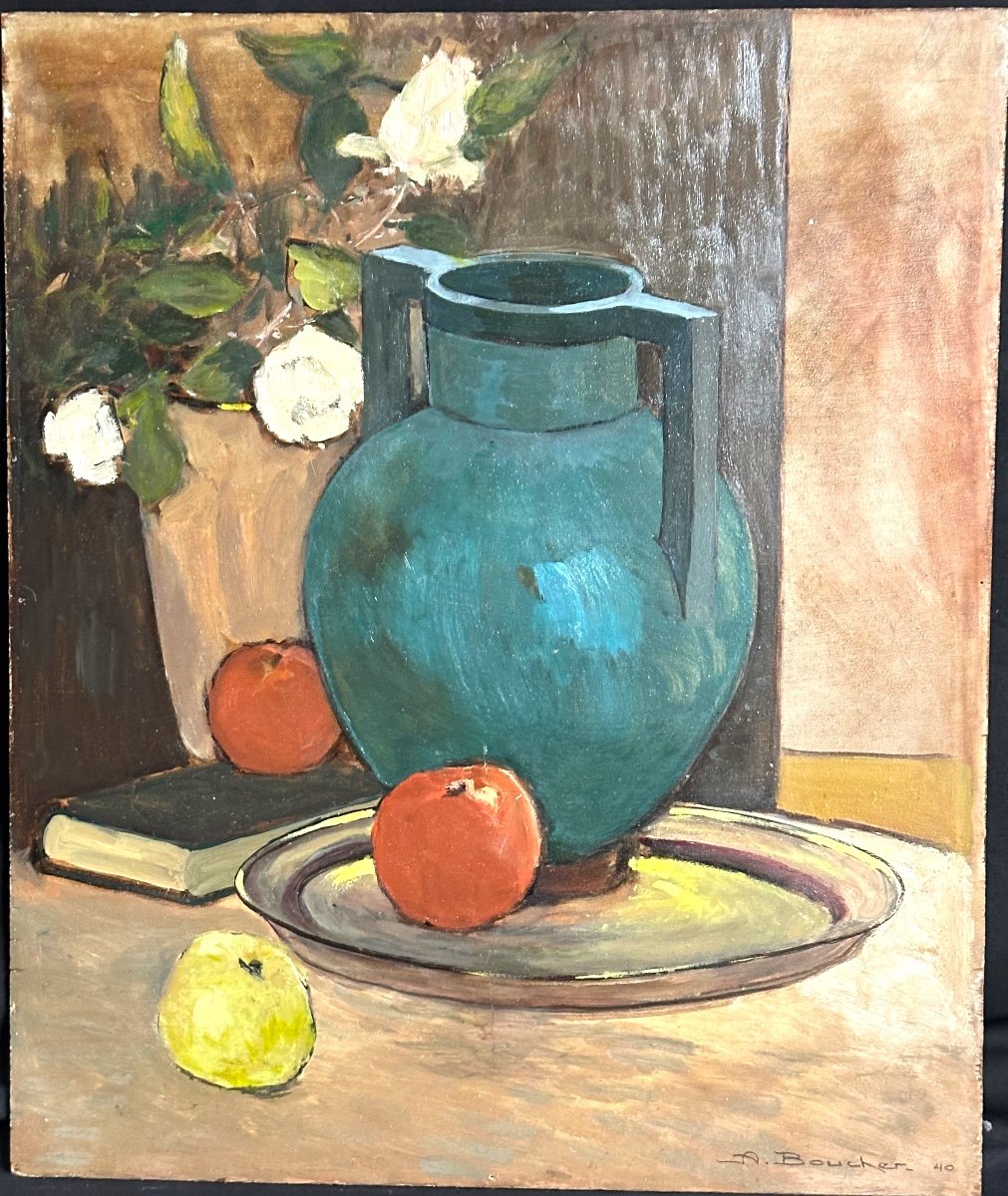 Amédée BOUCHER 1889-1960 Huile composition de 1940 aux pommes et pot bleu Art Deco Referencé