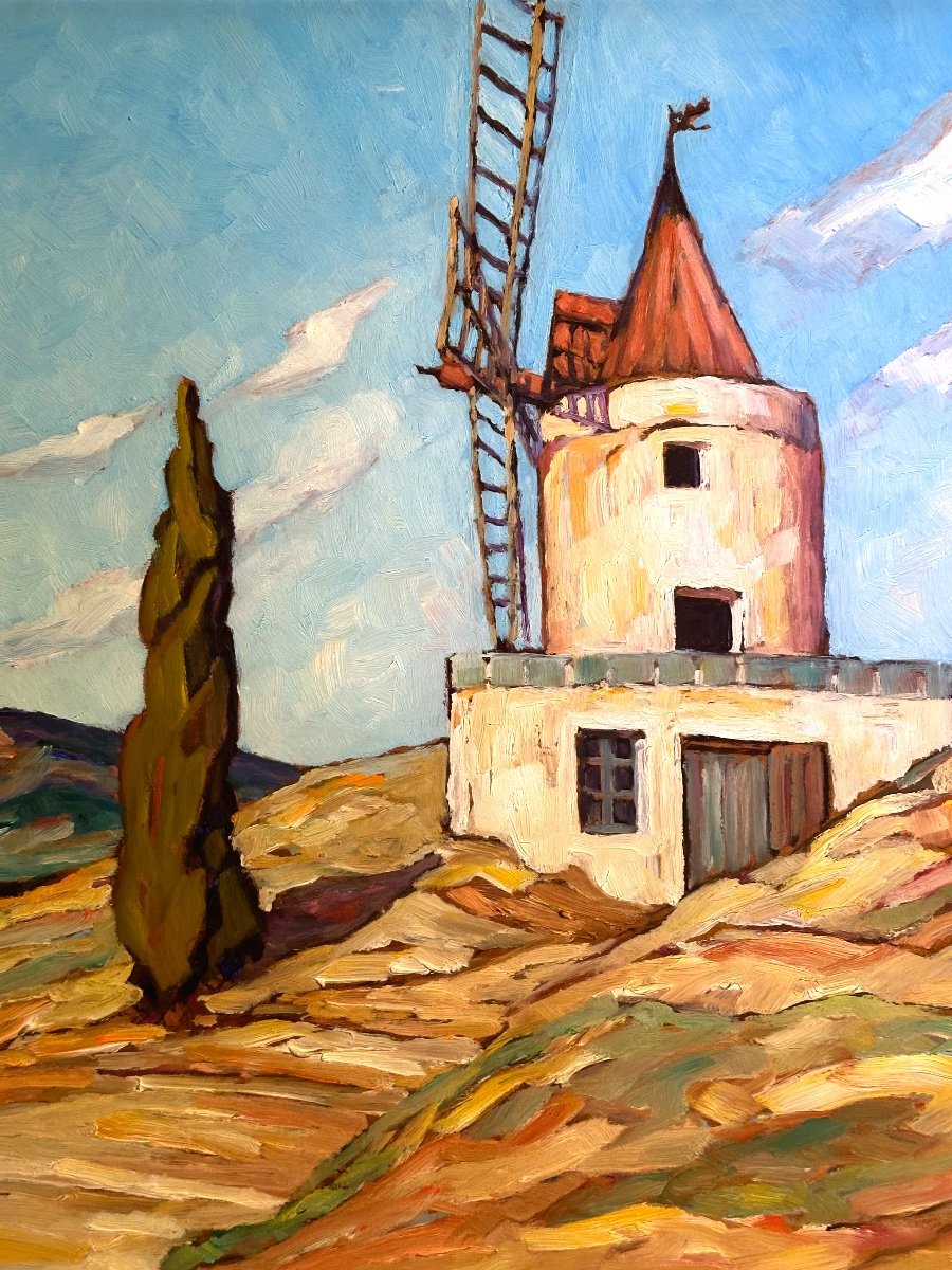 Jean Morel XXth Large Oil Fontvieille 1957 The Mill Alphonse Daudet Provence Vidal Style-photo-3