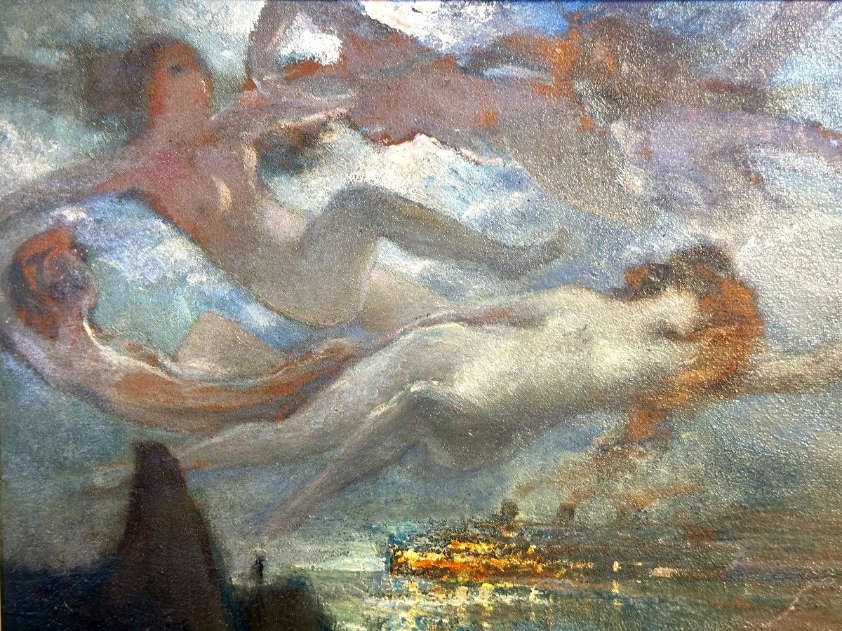 Charles Lacour Lyon 1861-1941 Oil The Muses Of The River Rhone Saone Boat Symbolism Dreamlike 5-photo-1