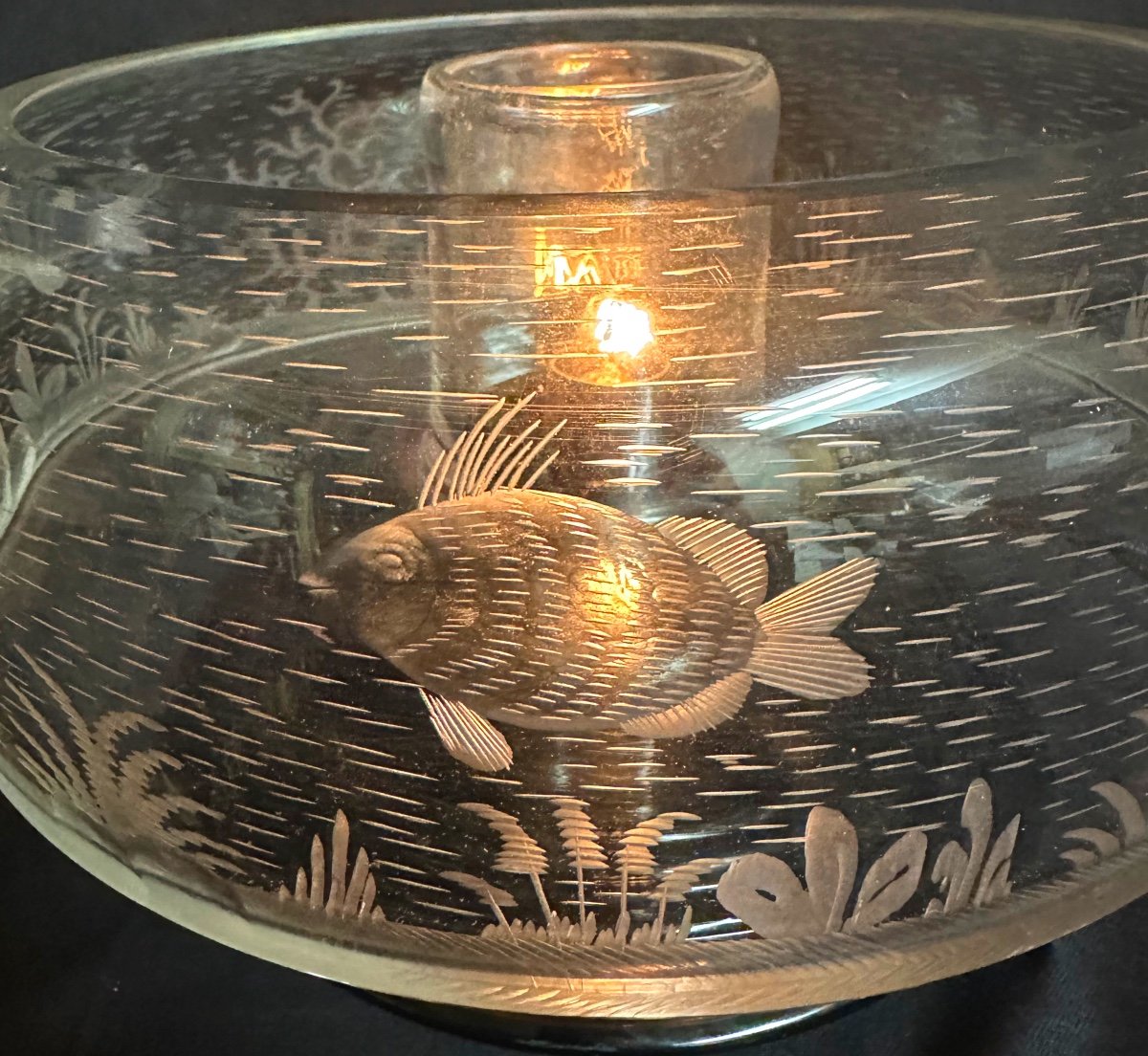 Engraved Crystal Aquarium Lamp Circa 1940 Signed Cristallerie Robert Belgium In Very Good Condition -photo-4