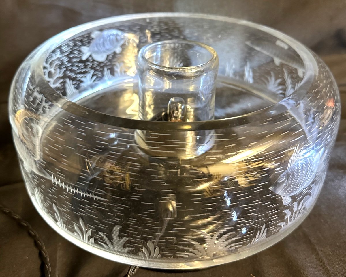 Engraved Crystal Aquarium Lamp Circa 1940 Signed Cristallerie Robert Belgium In Very Good Condition -photo-6