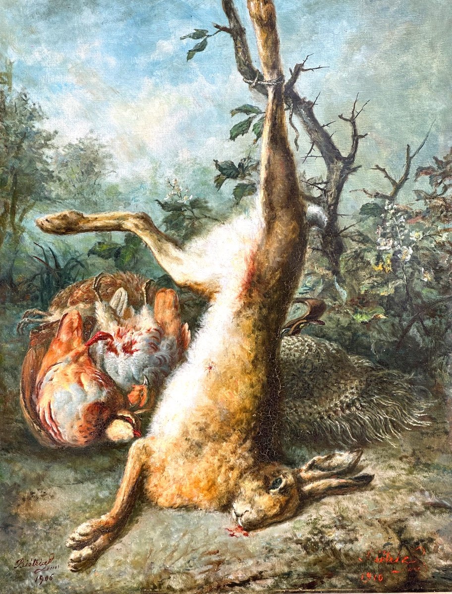 Louis Bietrix Lyon 19th-20th Century Large Oil Return From Hunting Hare Signed Dated-photo-2