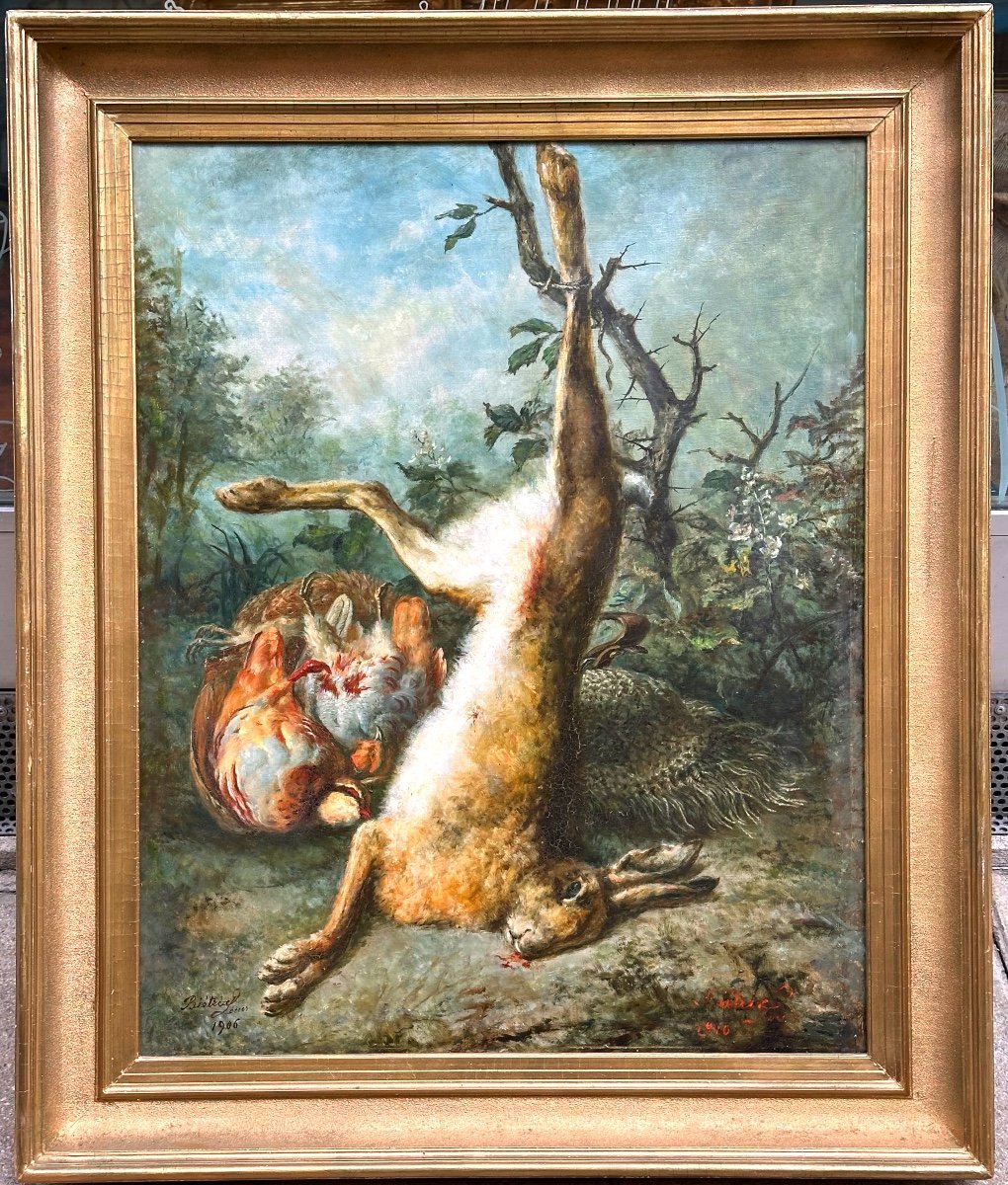 Louis Bietrix Lyon 19th-20th Century Large Oil Return From Hunting Hare Signed Dated