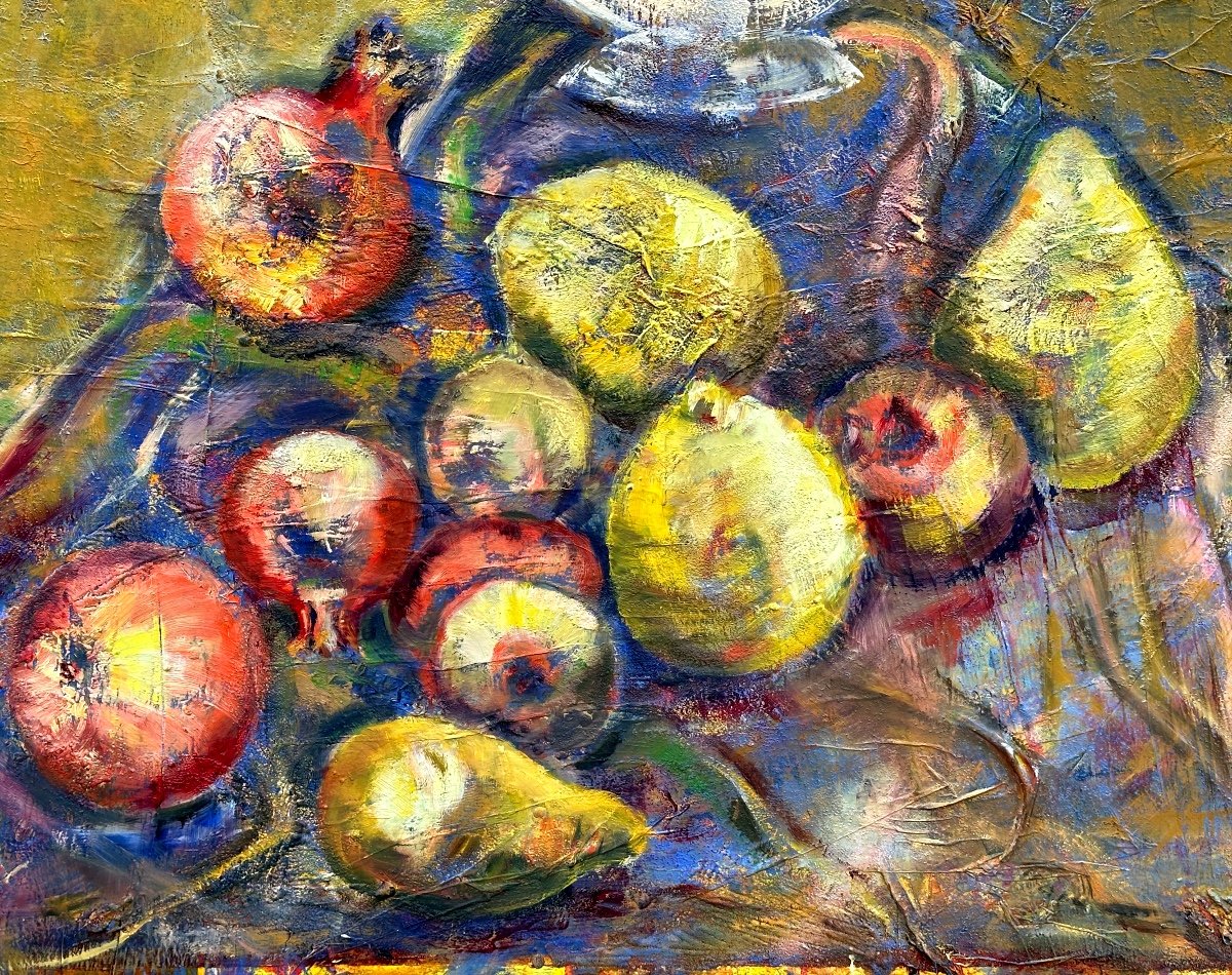 Danielle Bibes 20th Century Large Oil Fruits Pomegranates In Very Good Condition -photo-4